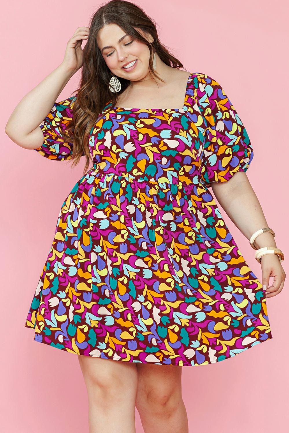 Womens  Plus Size Dresses | Purple Plus Size Printed Puff Sleeve Short Flare Dress PLUS SIZE Plus Size Dresses