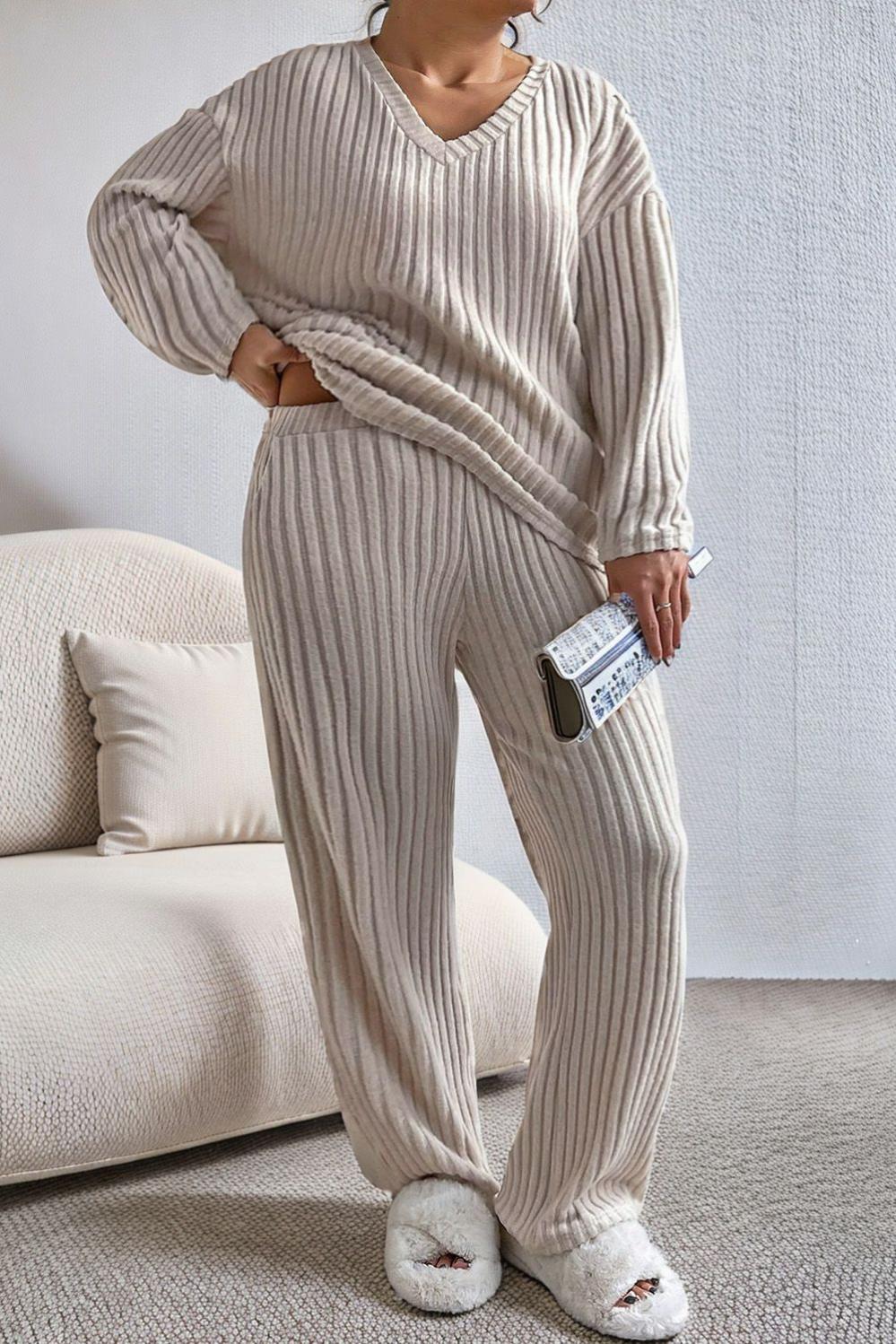 Womens  Plus Size Loungewear | Parchment Plus Size Ribbed V Neck Pullover and Pants Set PLUS SIZE Parchment