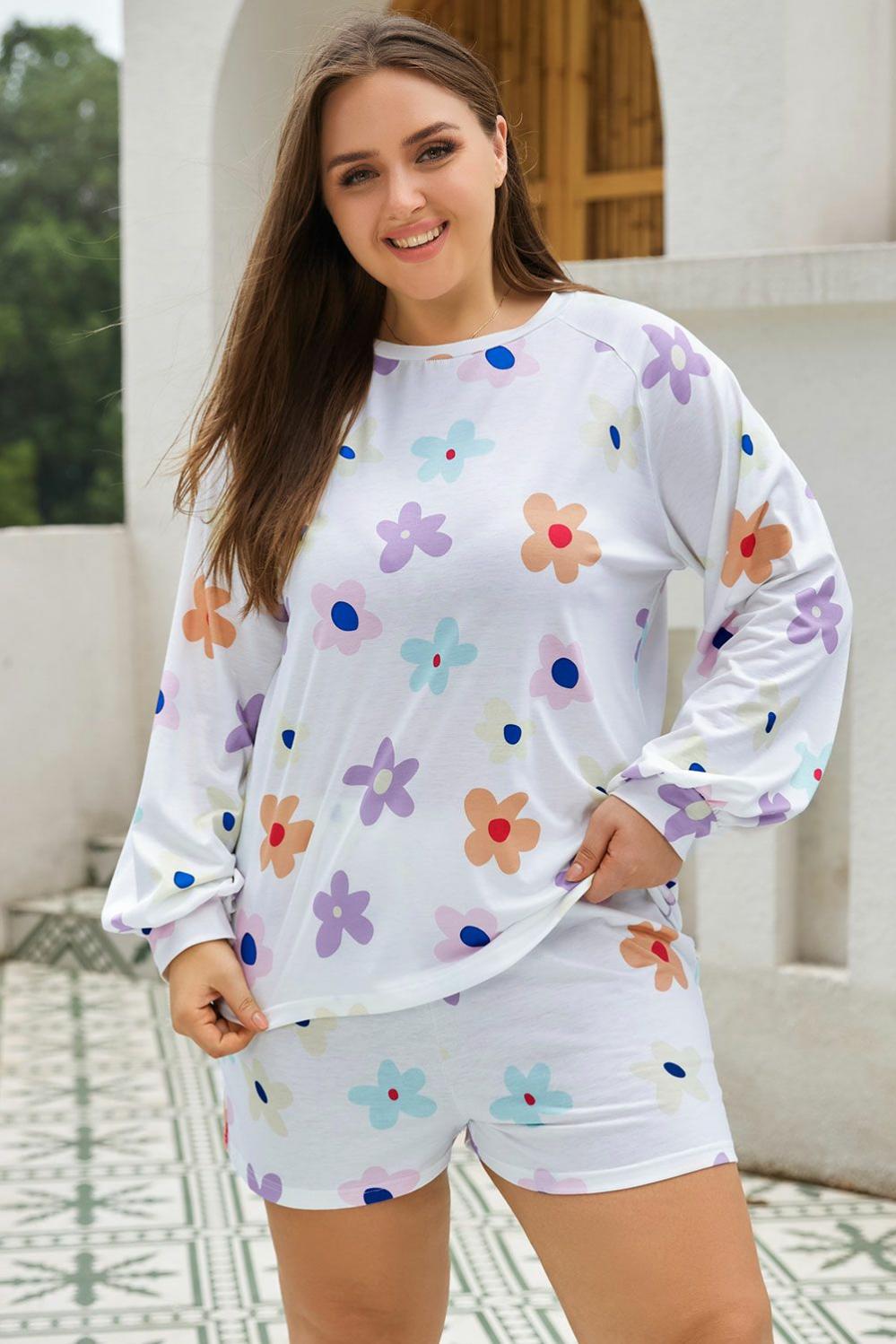 Womens  Plus Size Loungewear | White Plus Size Flower Print Raglan Pullover and Shorts Outfit PLUS SIZE Plus Size Loungewear