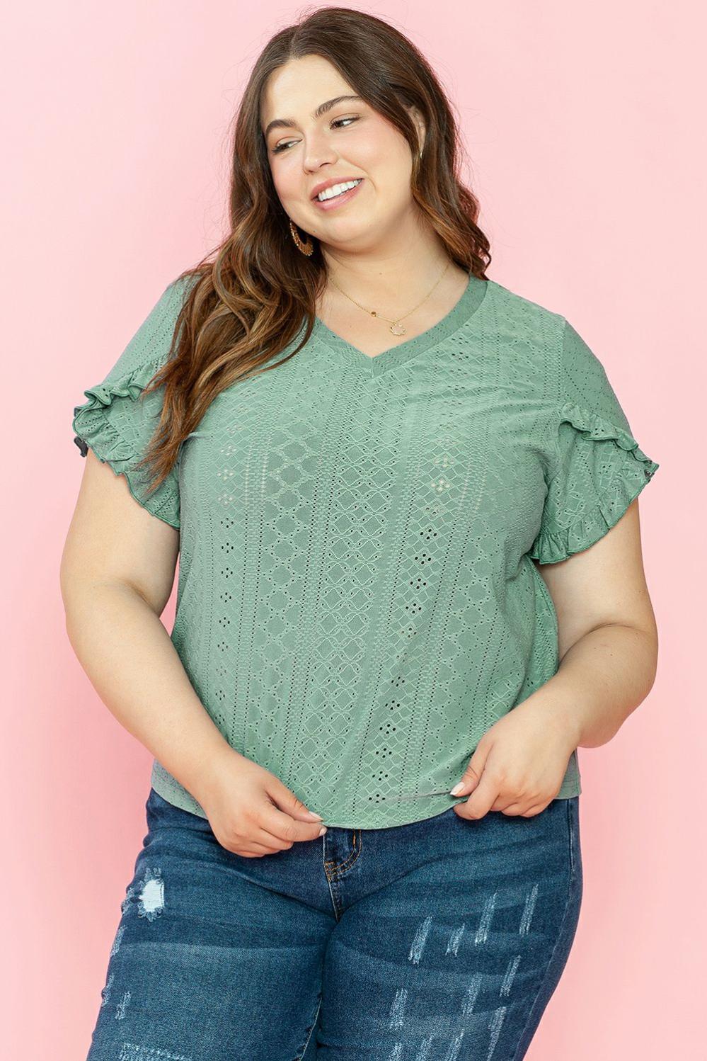 Womens  Plus Size Tops | Laurel Green Petal Sleeve Jacquard V Neck Curvy Blouse PLUS SIZE Laurel Green