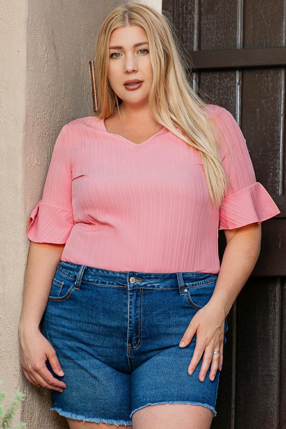 Womens  Plus Size Tops | Peach Blossom Ruffled Half Sleeve V Neck Textured Plus Top PLUS SIZE Peach Blossom