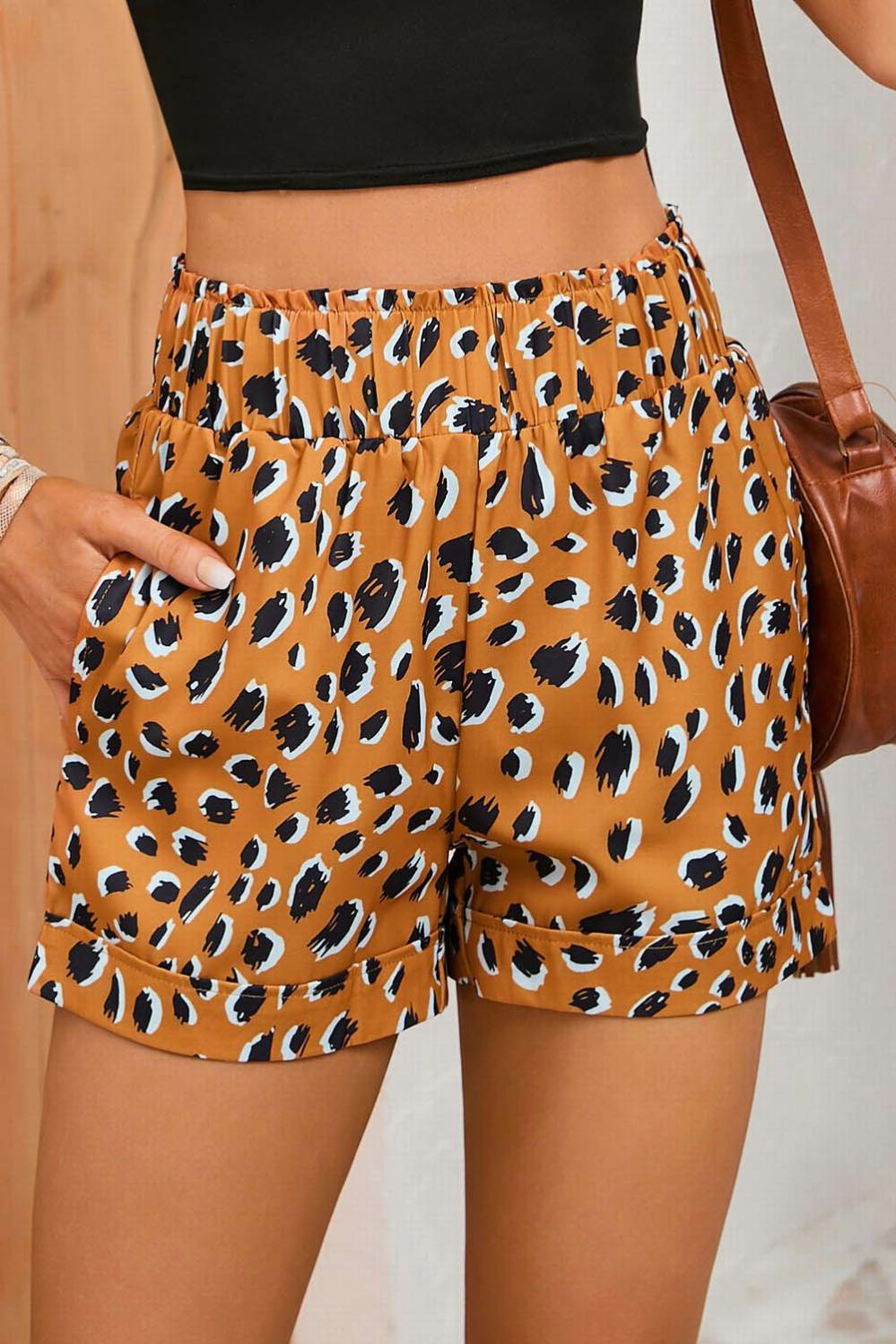 Womens  Casual Shorts | Brown Leopard Print Ruffle Elastic Waist Shorts BOTTOMS Brown