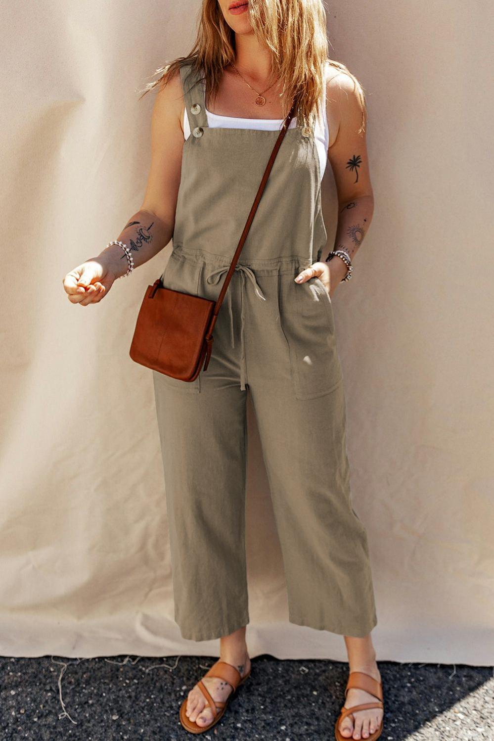 Womens  Jumpsuits & Rompers | Sage Green Drawstring Buttoned Straps Cropped Overall BOTTOMS Jumpsuits & Rompers