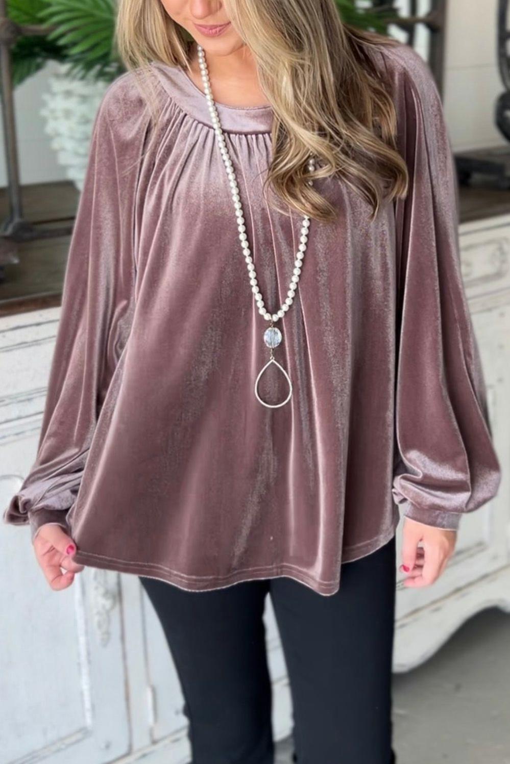 Womens  Long Sleeve Tops | Rose Tan Button Keyhole Back Velvet Swing Top Long Sleeve Tops Long Sleeve Tops