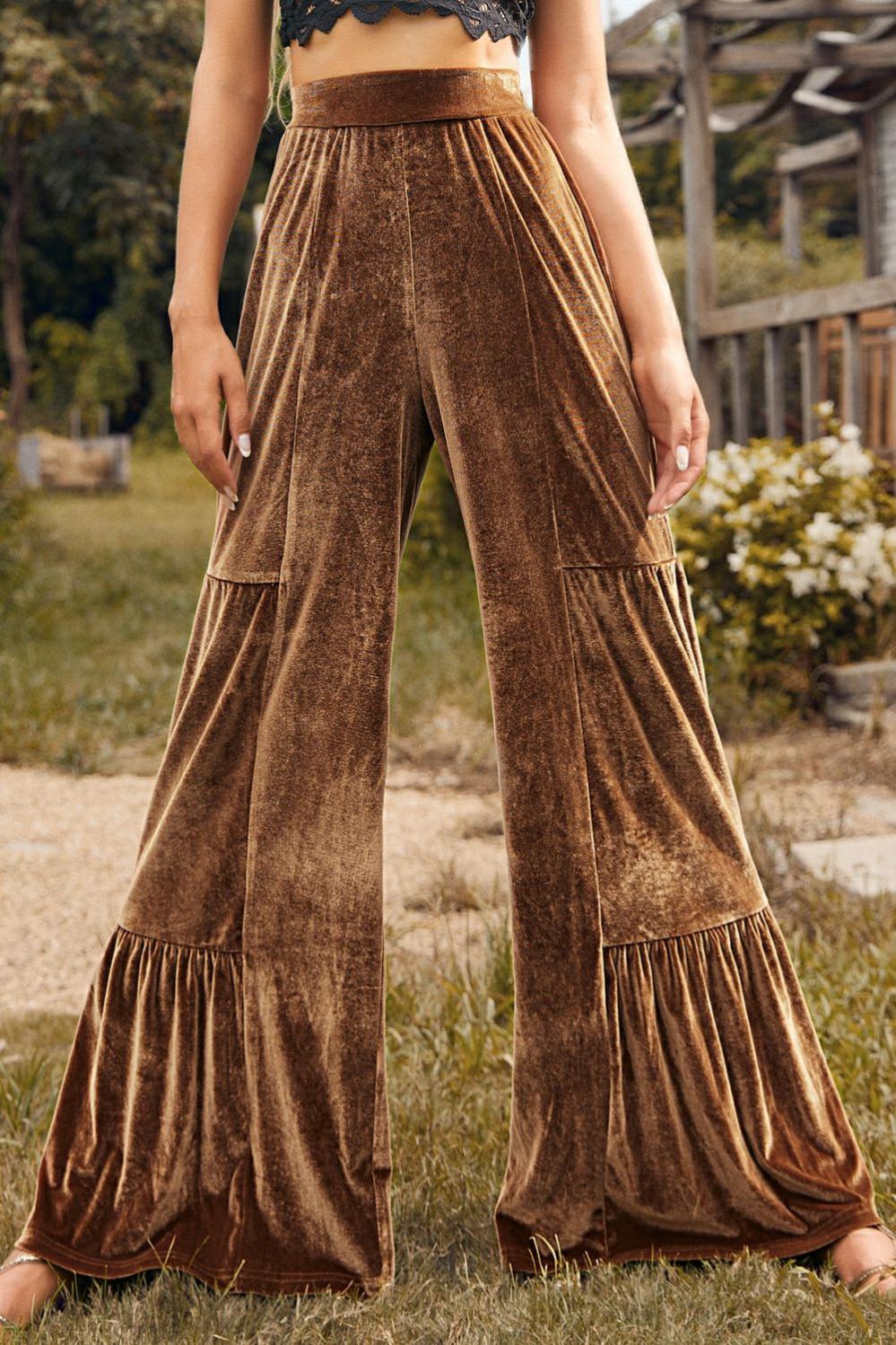 Womens  Pants & Culotte | Chestnut Ruffle Hem Wide Leg Velvet Pants BOTTOMS Chestnut