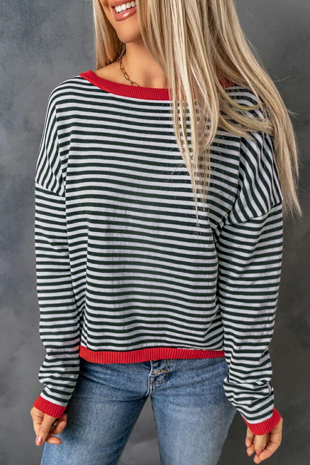 Womens  Sweaters | Contrast Trimmed Striped Drop Shoulder Sweater Sweaters Stripe