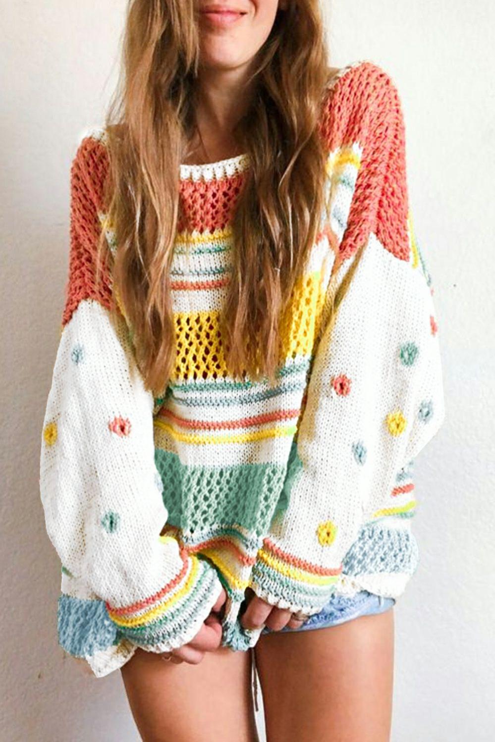 Womens  Sweaters | Multicolor Hollow Striped Knit Contrast Sleeve Sweater Sweaters Multicolor