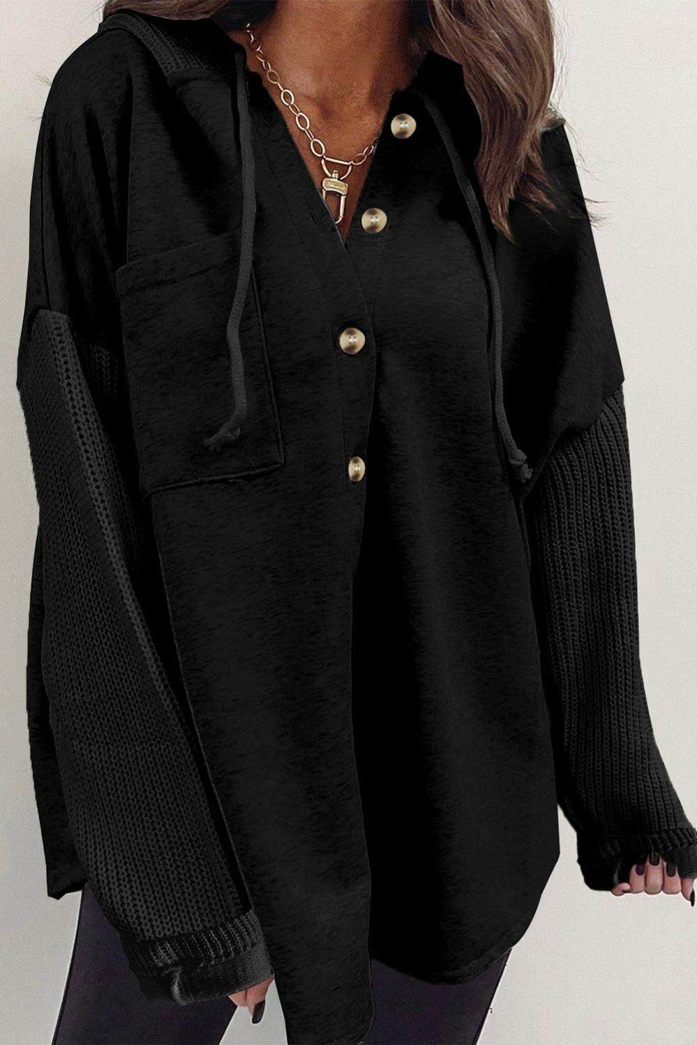 Womens  Jackets | Black Button Up Contrast Knitted Sleeves Hooded Jacket Jackets Black