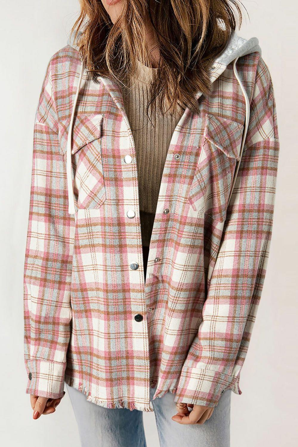 Womens  Plaid Shackets | Multicolour Plaid Flap Pocket Hooded Raw Hem Jacket OUTERWEAR Multicolour