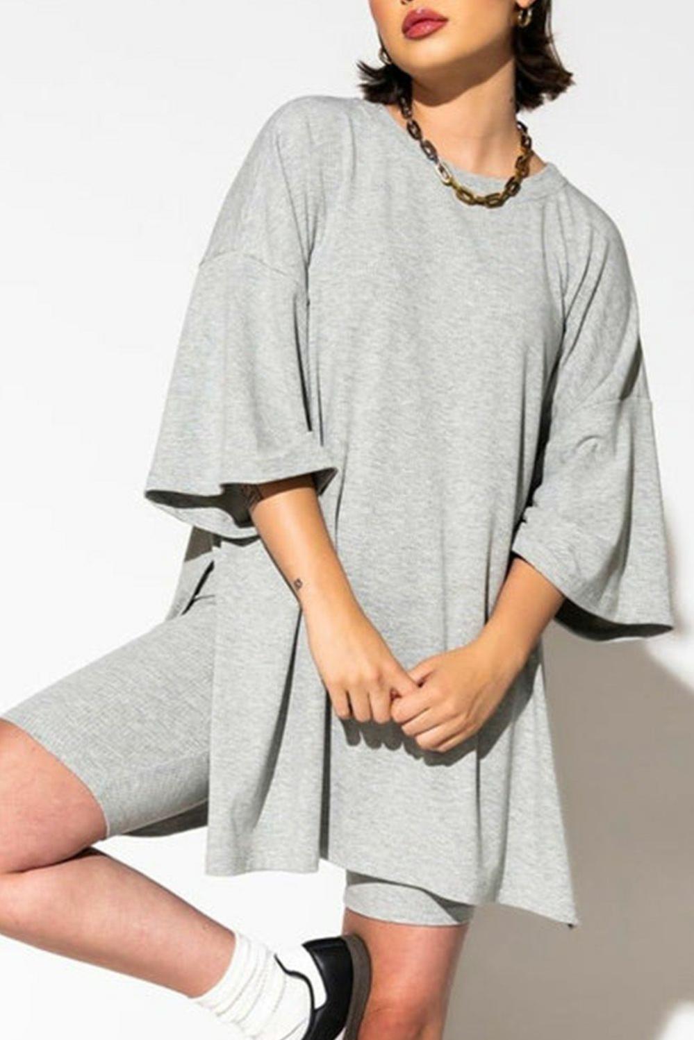 Womens  Short Sets | Light Grey Solid Color Loose Tunic Top and Slim Shorts Set Short Sets Light Grey