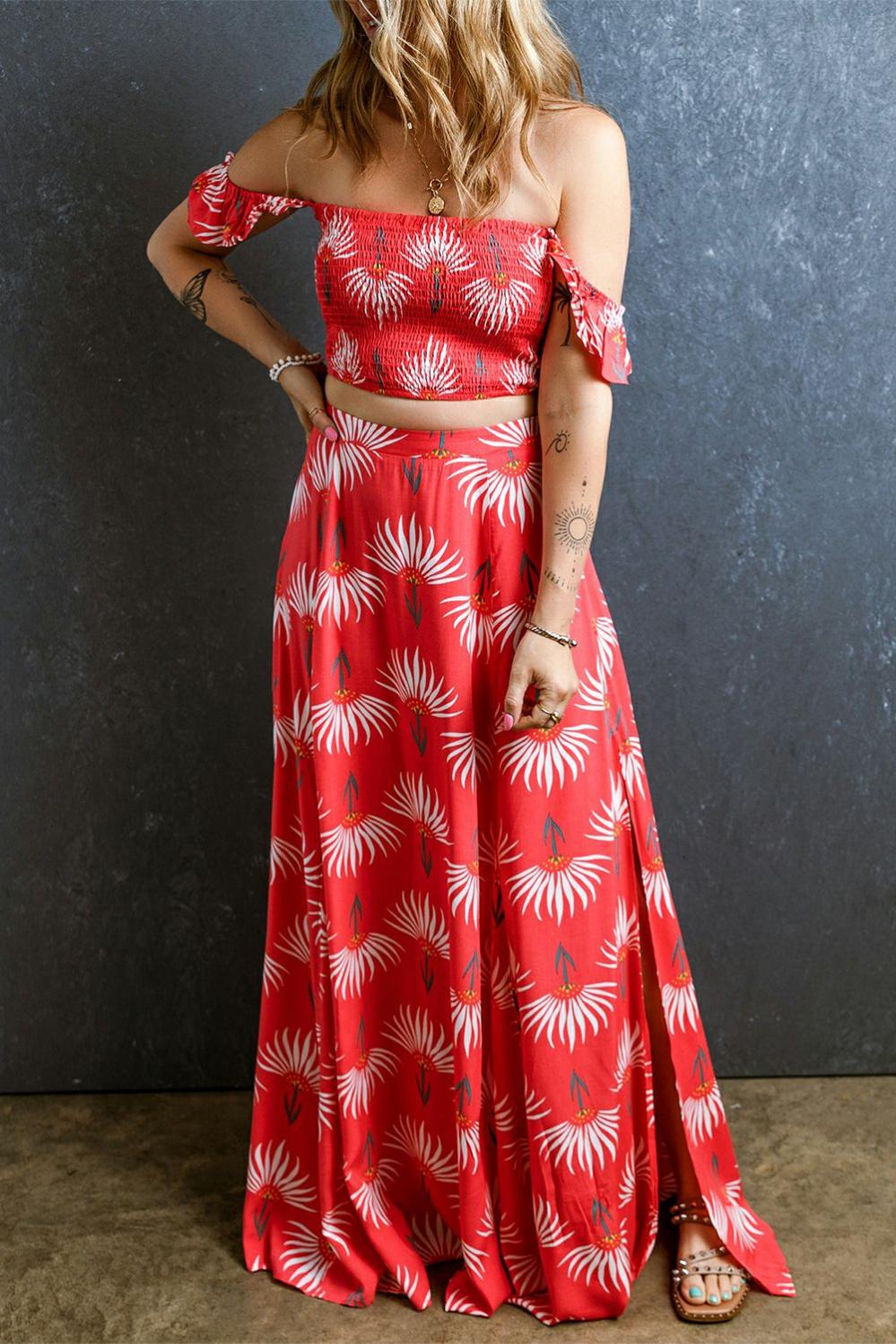 Womens  Skirt Sets | Red Floral Shirred Off Shoulder Crop Top and Slit Maxi Skirt Set Skirt Sets Red