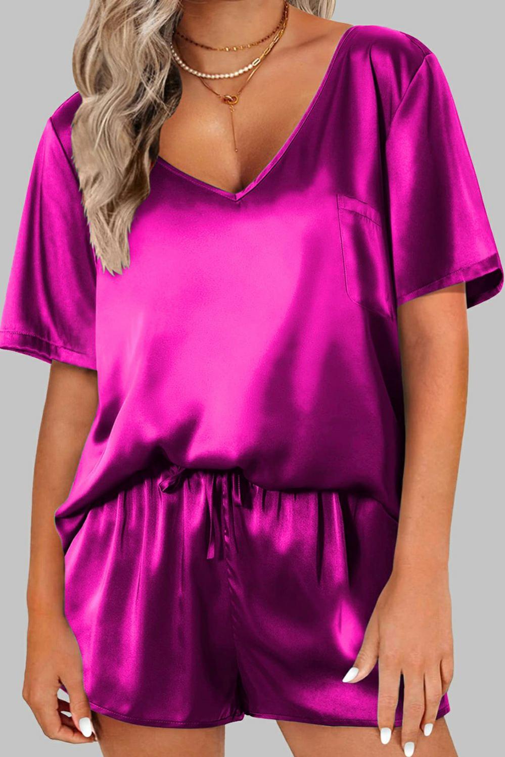 Womens  Sleepwear | Bright Pink Satin V Neck Tee and Drawstring Shorts Set LOUNGEWEAR & SLEEPWEAR Bright Pink