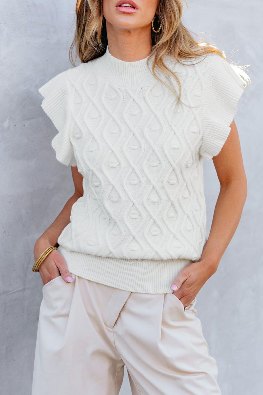 Womens  Sweater Vests | White Textured Ruffled Mock Neck Knitted Vest Sweater Vests Sweater Vests