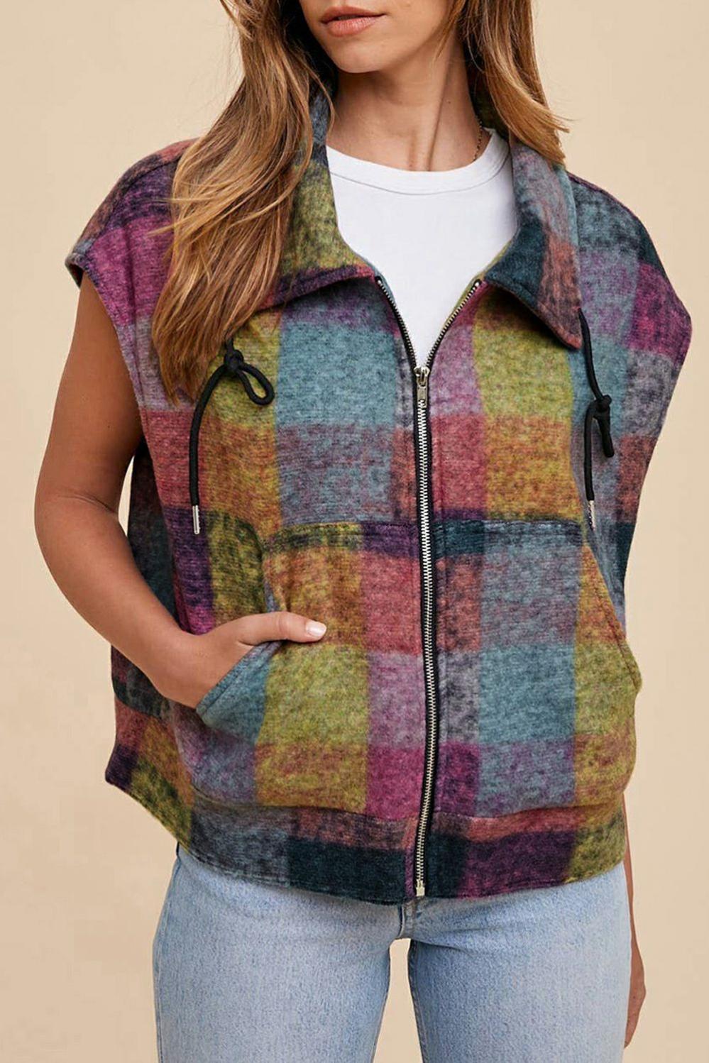 Womens  Vest | Multicolor Plaid Print Side Pockets Zipped Loose Vest OUTERWEAR Multicolor